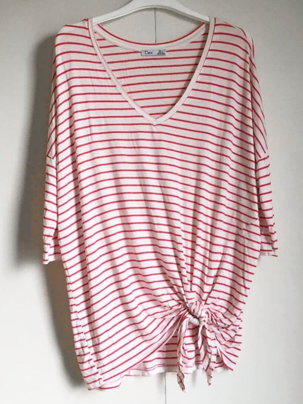 Dex Montreal Red & White Stripe Viscose Tie Hem Top - L French Girl
